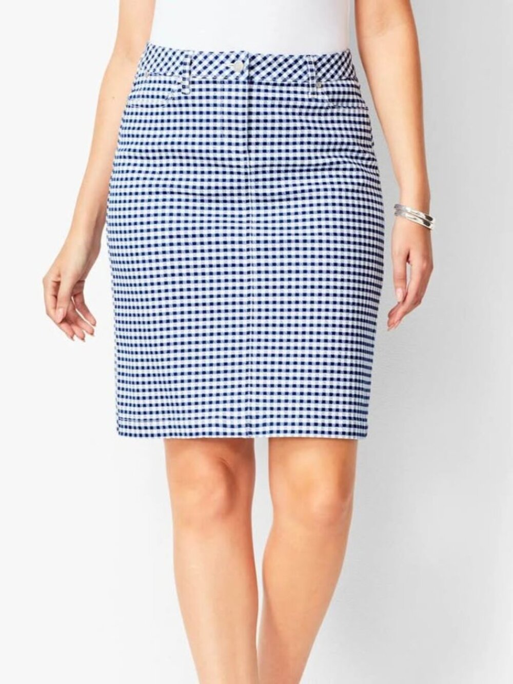 Talbots Navy Gingham Plaid Knee Length Coastal Casual Denim Skirt [size 2]